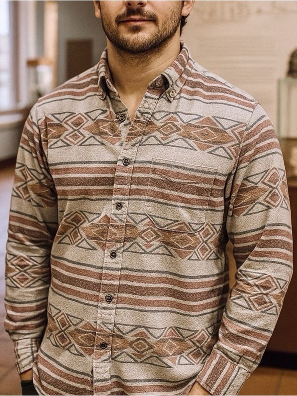 Eddie Bauer - Vintage Tribal Print Button Up Flannel Shirt - Mens Large